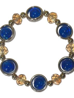 Blue and Amber Beaded Stretch Bracelet